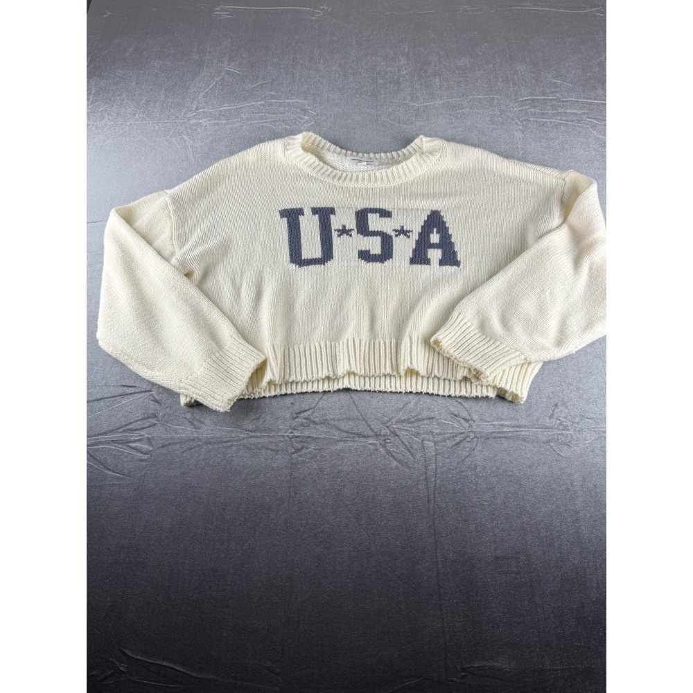 Grayson Threads USA Cropped Knit Sweater Womens XL Off White Patriotic Pullover